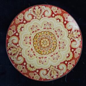 222 Fifth Lyria Saffron Appetizer Plates Set of 3 Red Yellow Mandala 6.5"